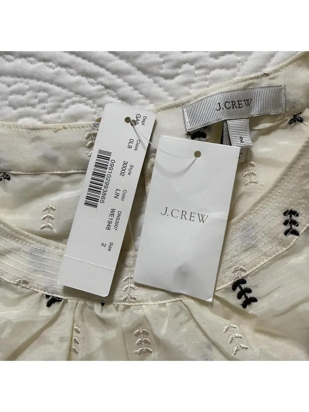 J.CREW Silk Blend‎ SZ 2 Short Sleeve Sheer Cream Embroidered Luxury Blouse NWT